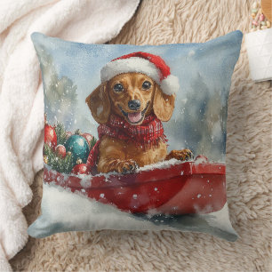 Coussin Dachshund Dog in Sledge Let it neige Noël