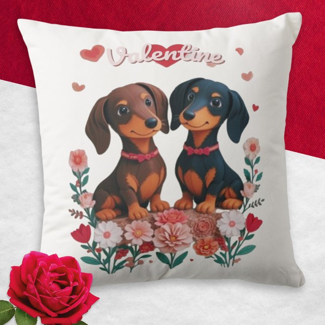 Coussin Dachshunds Coeurs Fleurs Chiens Saint Valentin (A cute cushion for Valentine's Day, with picture of two dachshunds with hearts and flowers)