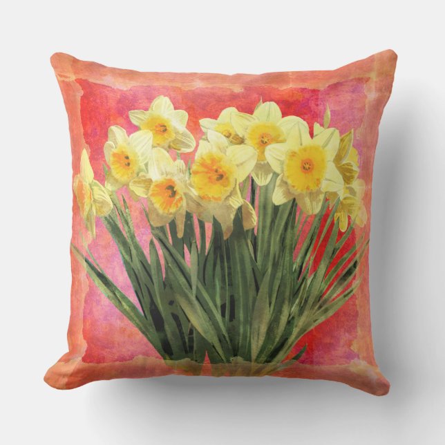 Coussin Daffodiers jaunes d'aquarelle sur le corail (Recto)