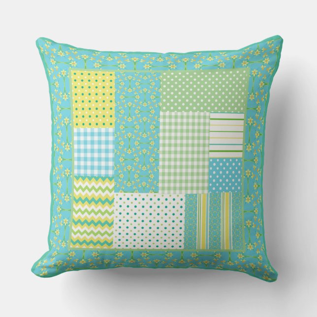 Coussin Daffodiles Faux-patchwork Chèques, Polkas, Grilles (Recto)