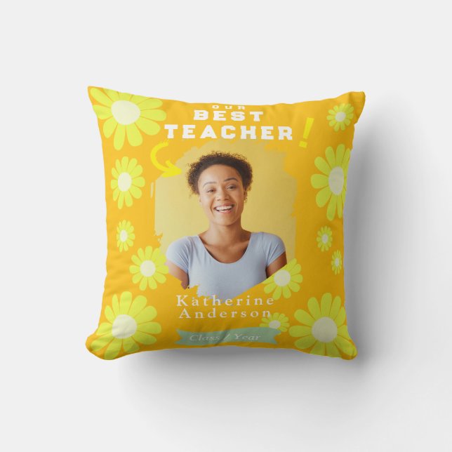 Coussin Daisy Best Teacher Photo Jaune Orange (Recto)