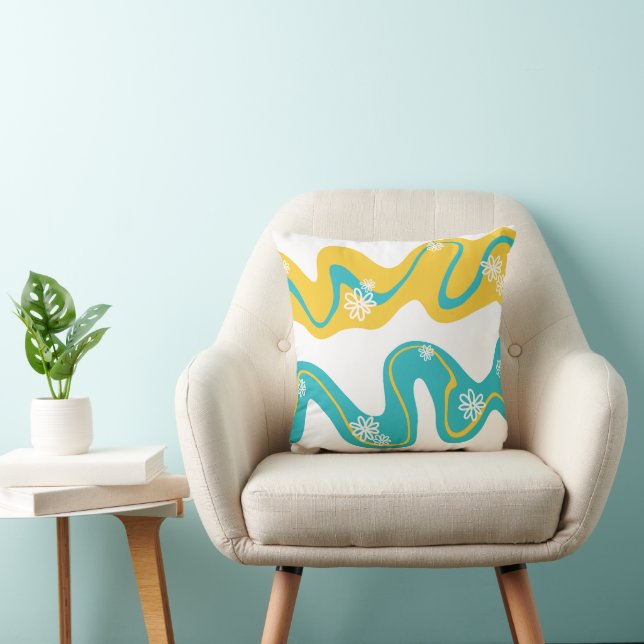 Coussin Daisy Groove - Turquoise et jaune (Chaise)