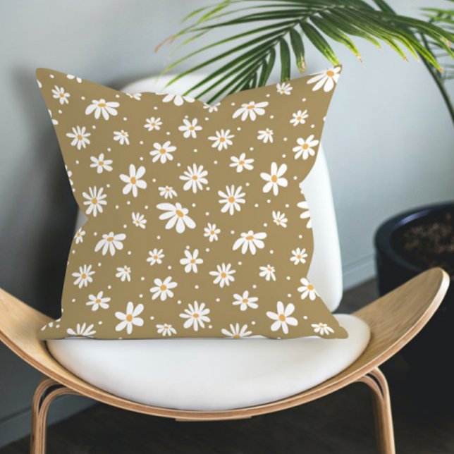 Coussin Daisy Retro Vintage les années 70 Floral Green Mot (Créateur téléchargé)