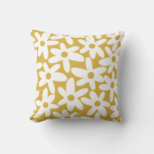 Coussin Daisy Time mignon Retro motif floral moutarde blan