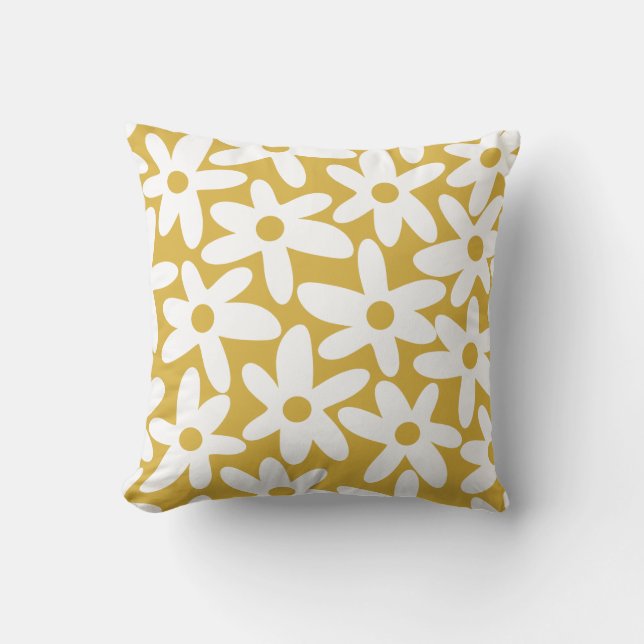 Coussin Daisy Time mignon Retro motif floral moutarde blan (Recto)