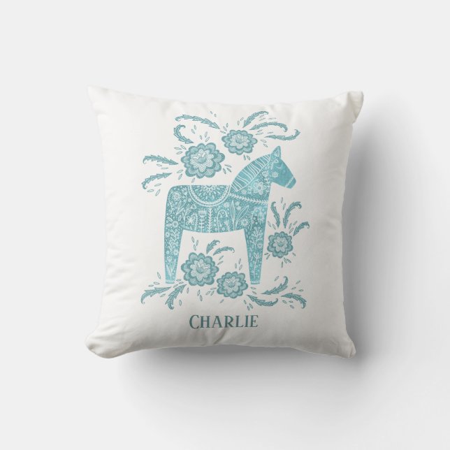 Coussin Dala Cheval Suédois Art Turquoise Nom personnalisé (Recto)