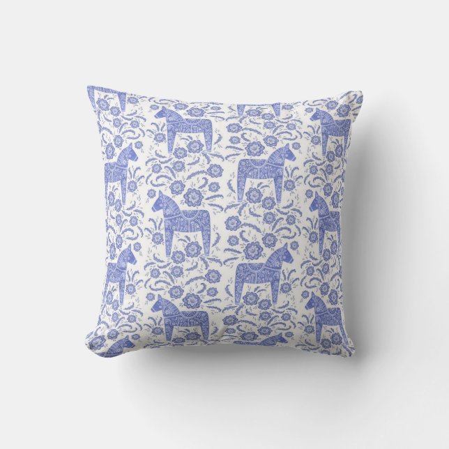 Coussin Dala suédois Cheval traditionnel Folk Art Bleu (Recto)