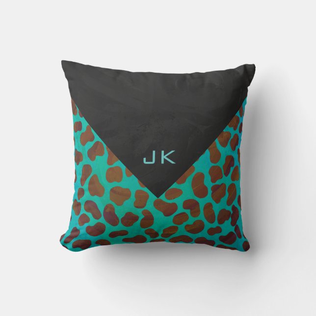Coussin Dalmatie Brown et Turquoise avec Monogramme (Recto)