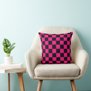 Coussin Damas en carrés rose chaud noir géométrique rétro