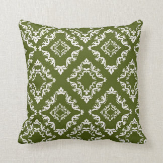 Coussin damas en diamant blanc et vert olive foncé