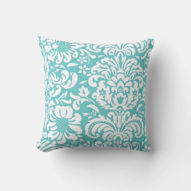 Coussin Damas florale turquoise et blanche (Recto)