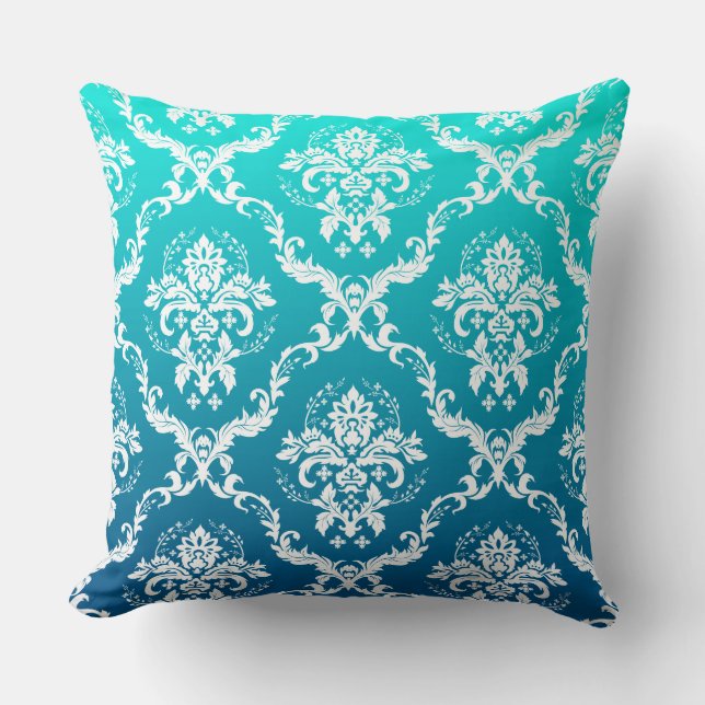 Coussin Damas Florales Blanches Sur Gradient Turquoise (Recto)