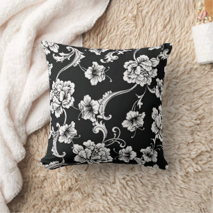 Coussin Damas florales noir et blanc