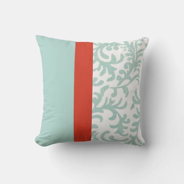 Coussin Damas floraux rouges et Turquoises (Recto)
