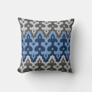 Coussin Damas Ikat marocain, bleu et gris / gris