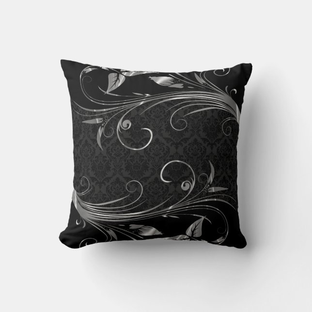 Coussin Damas Noirs Et Flacons Floraux D'Argent Métallique (Recto)