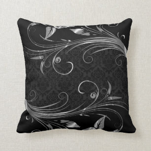 Coussin Damas Noirs Et Flacons Floraux D'Argent Métallique