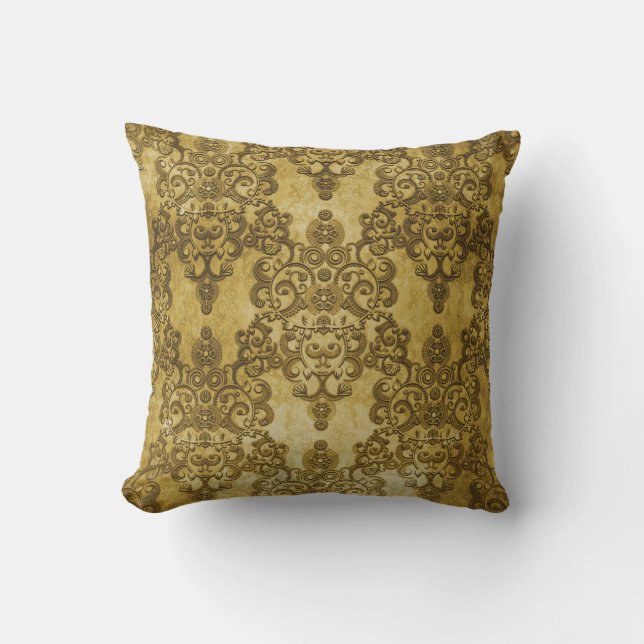 Coussin Damask Distressed Rustic Dark Yellow Gold (Recto)
