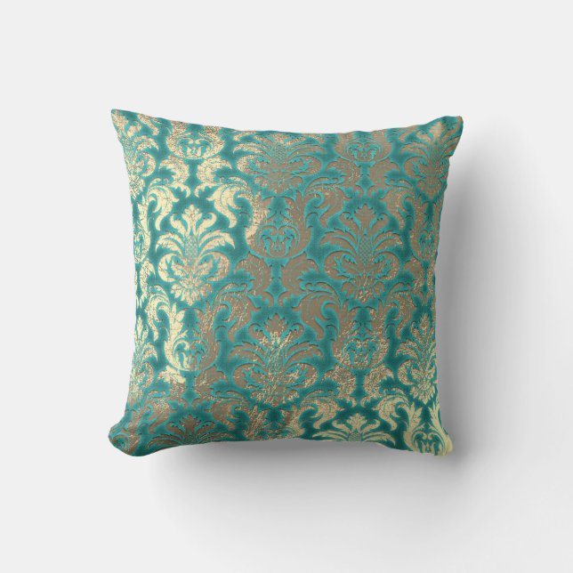 Coussin Damask Sepia Gold Mint Blu Velvet Effet (Recto)