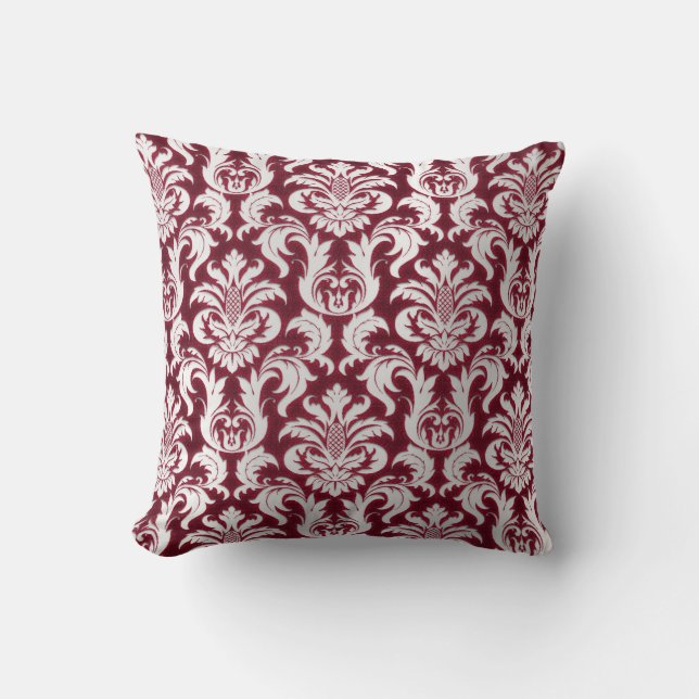 Coussin Damask Silver Grey Metallic Bourgogne Velvet (Recto)