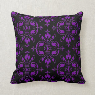 Coussin Damassé noir et violet fantaisie