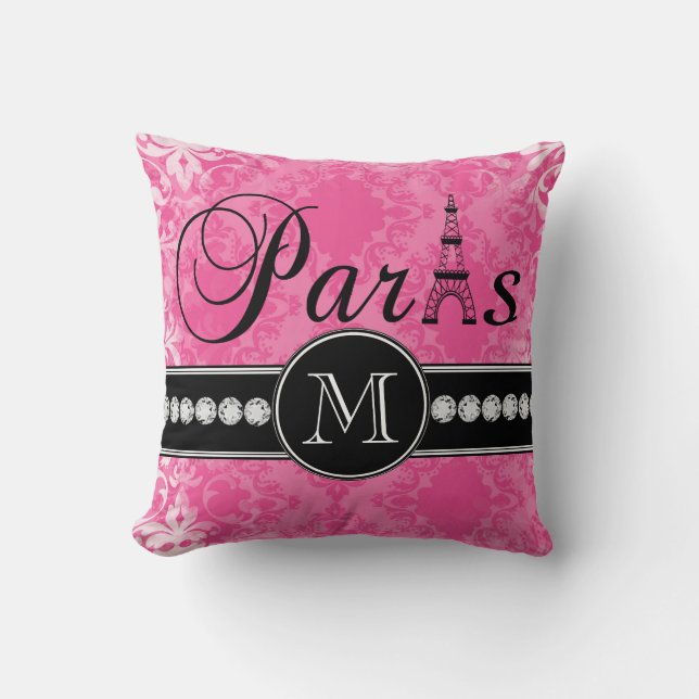 Coussin Damassé Paris Monogrammmed de roses indien (Recto)