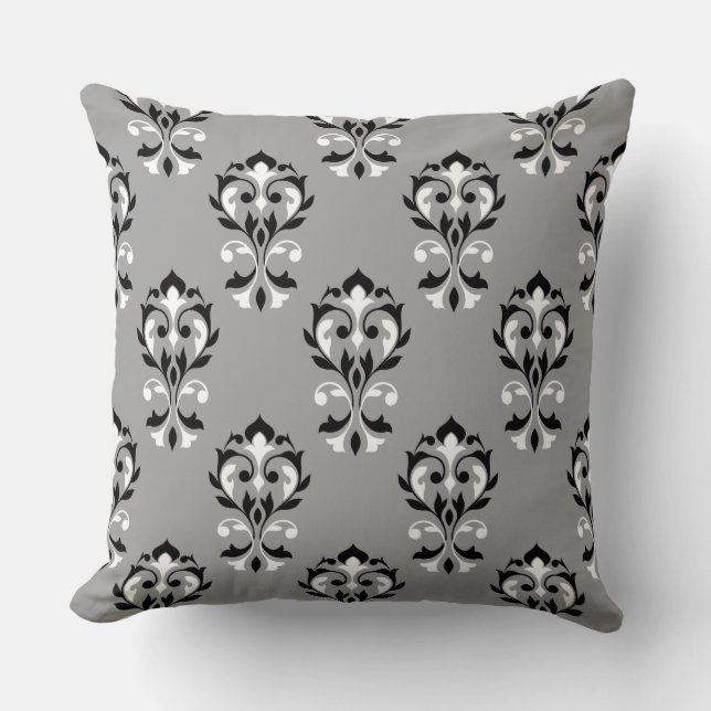 Coussin Damassé Ptn de coeur noir et blanc sur le gris (Recto)
