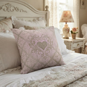 Coussin Damassé Rose Pâle avec Cœur 