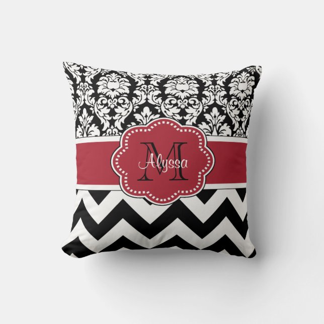 Coussin Damassé rouge noire Chevron personnalisé (Recto)