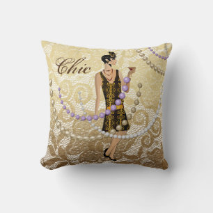 Coussin Dame Art Déco Broderie Fleurie Or