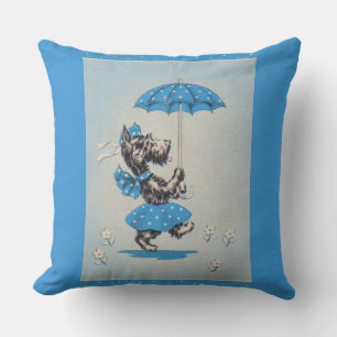 Coussin Dame de chien écossaise portant un parapluie