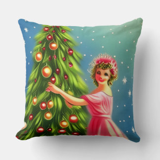 Coussin Dame de Noël Rétro Fantaisiste Vintage et Arbre