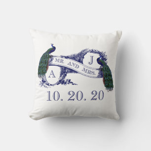 Coussin d'amoureux de mariage de paon de bleu