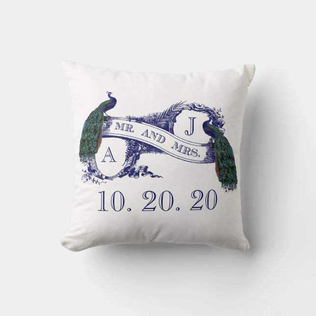 Coussin d'amoureux de mariage de paon de bleu (Recto)