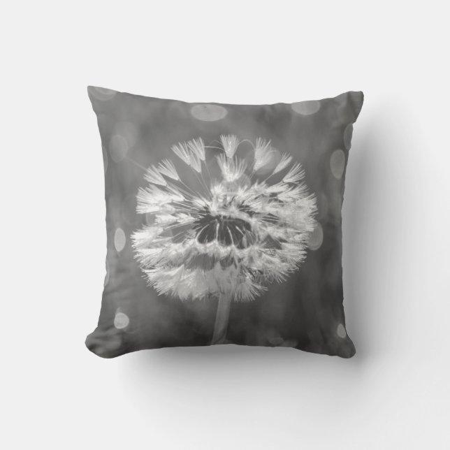 Coussin Dandelion Fluffeux Fleur Noir et Blanc (Recto)