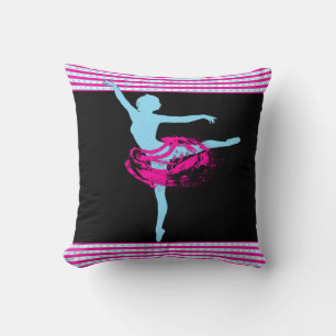 Coussin Danse de ballet rose et turquoise sur noir