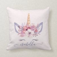 coussin d'aquarelle floral face à la licorne