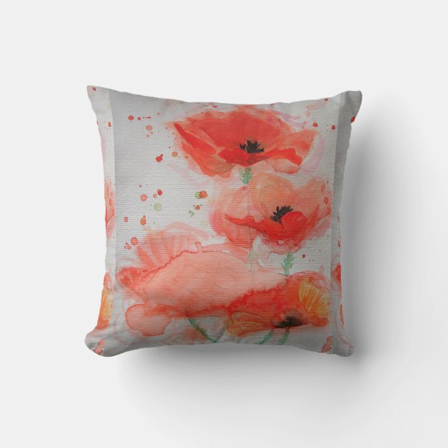 Coussin d'aquarelle florale de Poppy rouge (Recto)