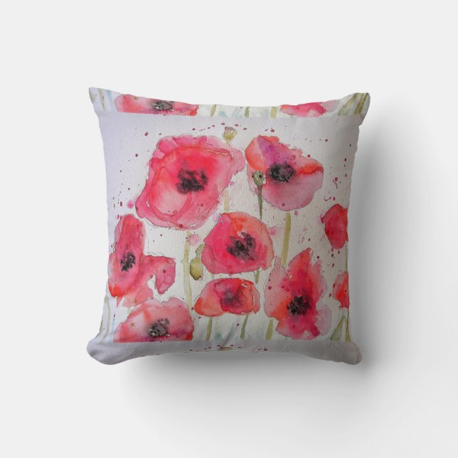 Coussin d'aquarelle florale de Poppy rouge (Recto)