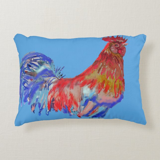 Coussin d'aquarelle rouge et bleu Rooster (Devant)