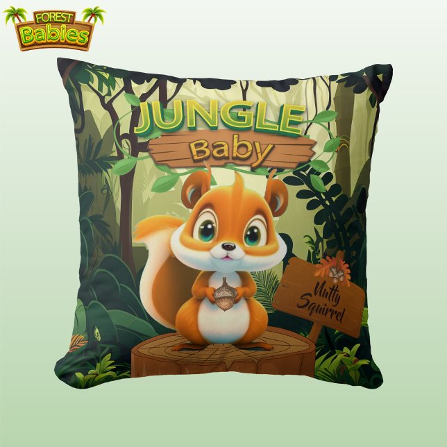 Coussin 🐿 d'art de la pépinière inspirée de la nature par (Cute Jungle Baby Nutty Squirrel Whimsical Woodland Wildlife Animal Nature-Inspired Throw Pillow 🐿)