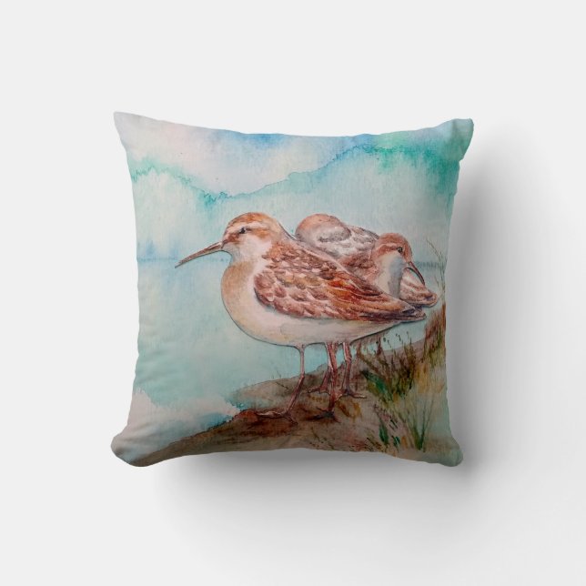 Coussin Daté, Aquarelle Sandpiper Shore Beach Oiseaux Art (Recto)