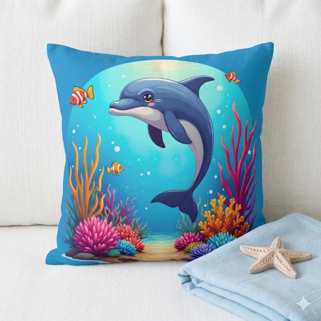 Coussin Dauphin géant dans le récif corallien vibrant (Whimsical Dolphin in Vibrant Coral Reef Throw Pillow Mockup A)