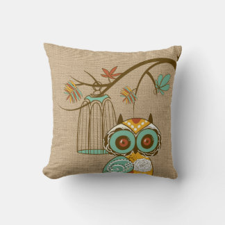 Coussin d'automne avec Chouette et cage à oiseaux