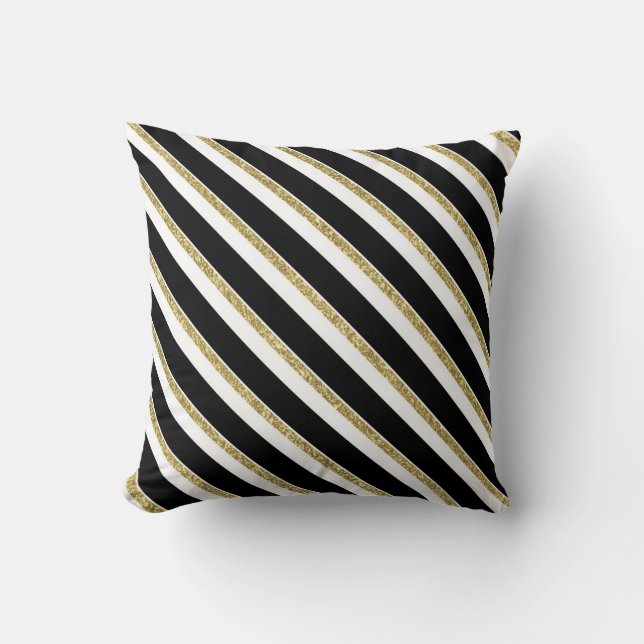 Coussin de bandes diagonales noir, blanc et or (Recto)