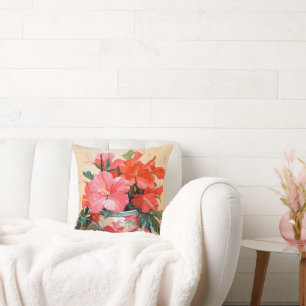 Coussin De Belles Fleurs Hibiscus, Roses/Rouges,