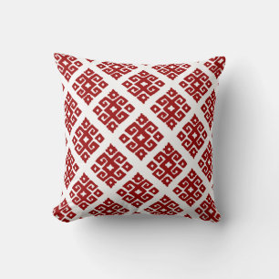 Coussin de bois blanc rouge à motif tribal