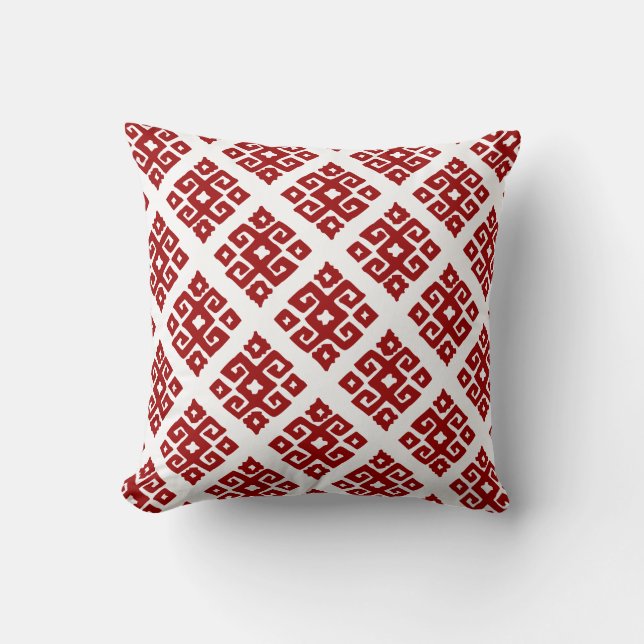Coussin de bois blanc rouge à motif tribal (Recto)