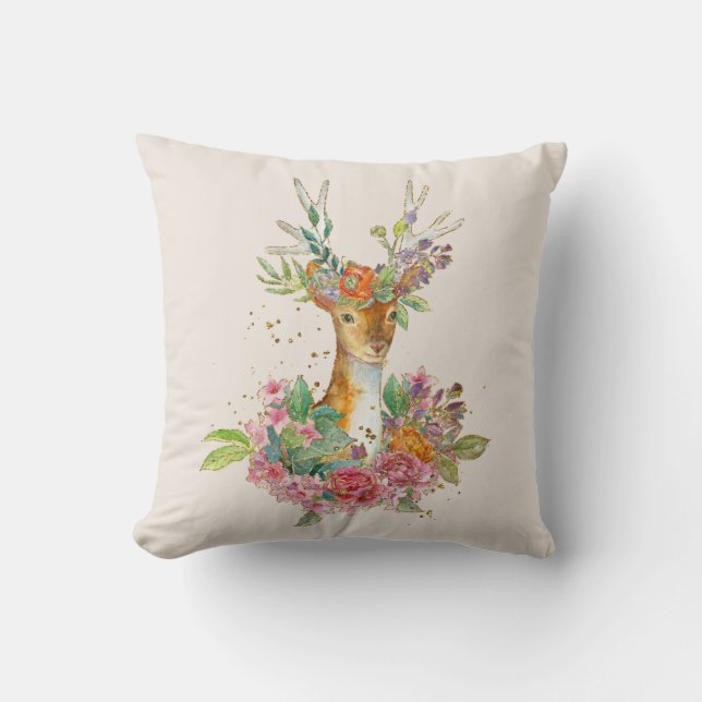 Coussin de cerfs floral d'aquarelle (Recto)