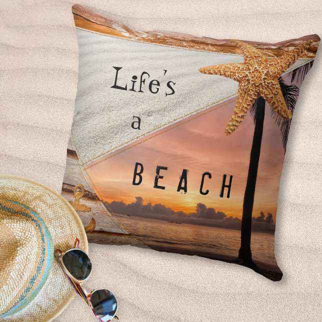 Coussin de coucher de soleil sur la plage de Nauti (Scrapbook style pillow featuring different beach scenes with sand, sunset, starfish and surf)